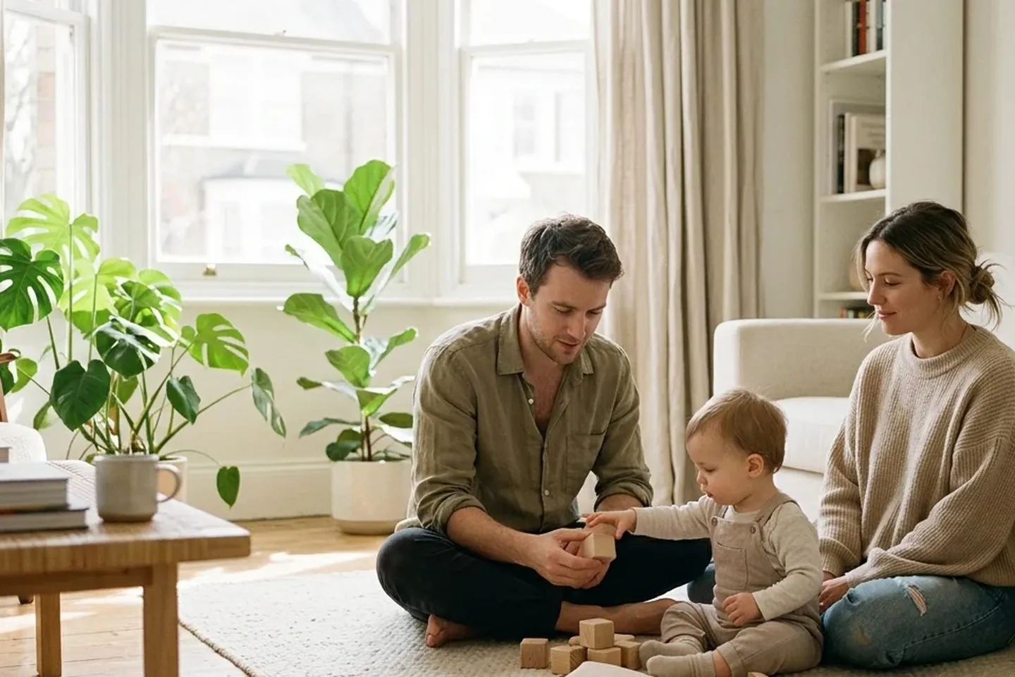 A young family in a bright living room